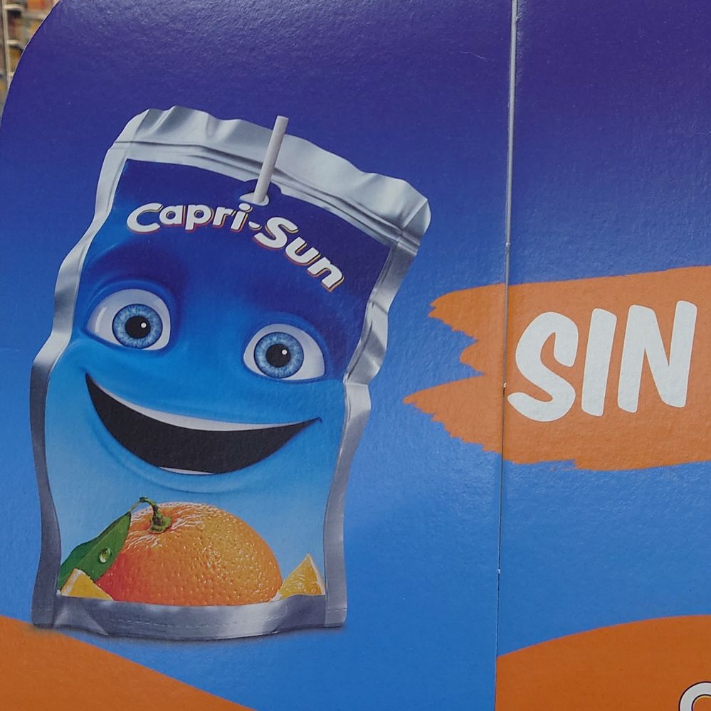 Capri Sun pouch with human eyes, a sin