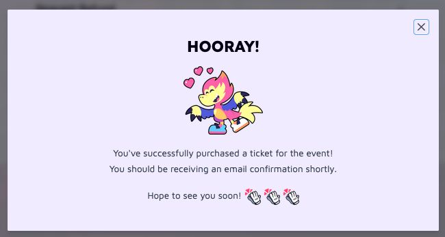 a success message showing that registration was completed. includes an image of Velocity, GDQ's mascot, celebrating with hearts above their head.