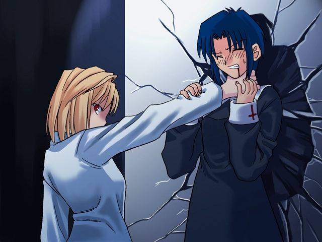 Arcueid Brunestrud choking Ciel against a broken wall
