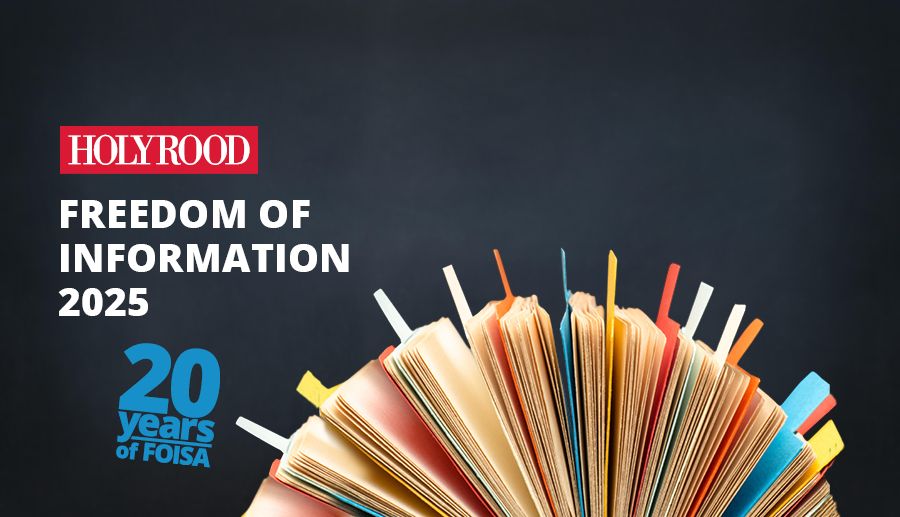 Black background with open book with sticky tabs.
Text: Holyrood Freedom of Information 2025 20 Years of FOISA.