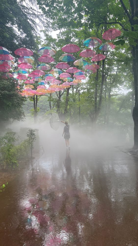 A display of umbrellas hangs above a woman’s head as she walks through a foggy forest.