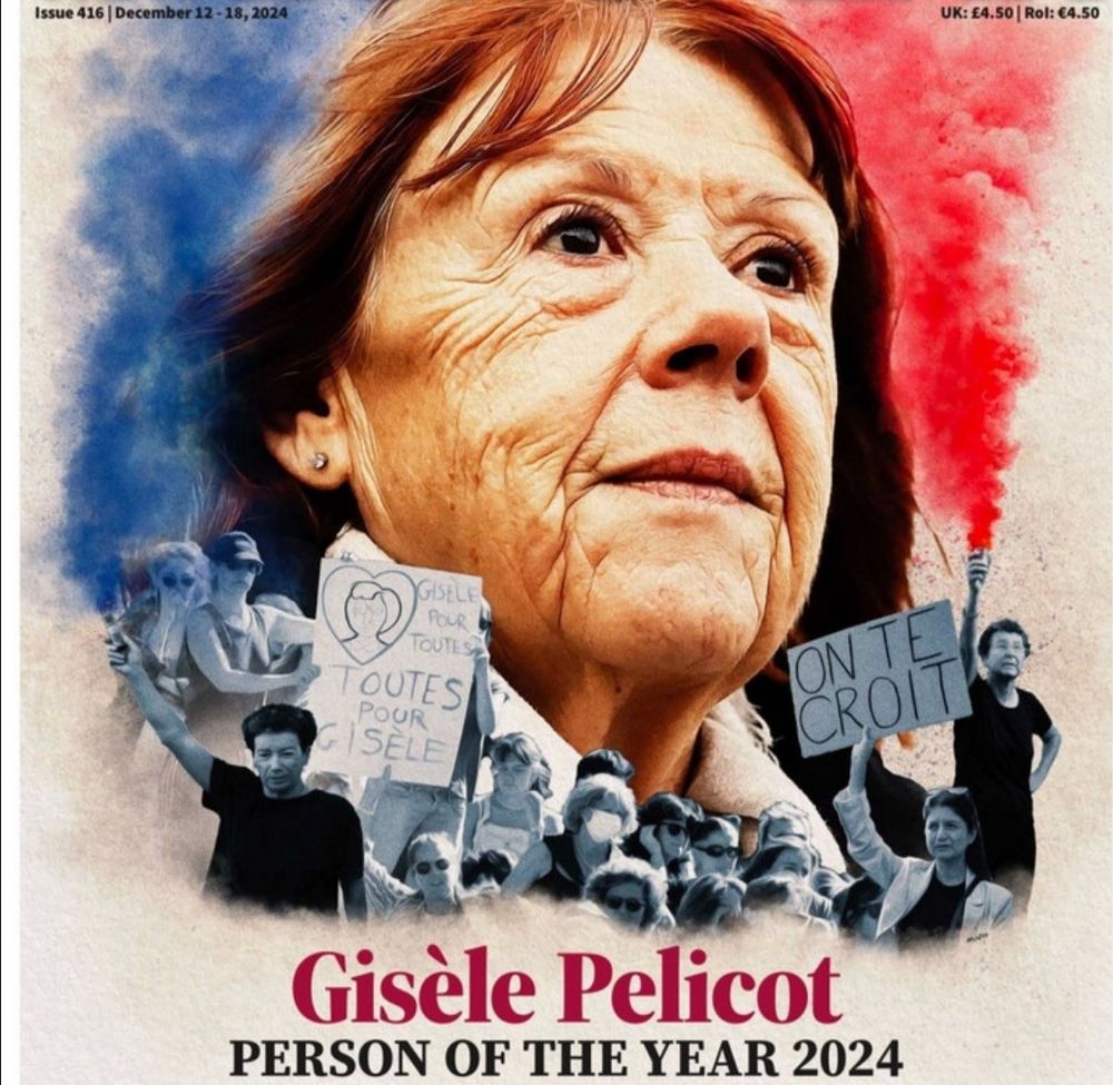 its a big picture of gisèle pelicot's face. red and blue smoke in the back. Beneath a crowd demonstrating holding up signs like "on te croit" or "gisèle pour toutes toutes pour gisèle". At the very bottom of the picture the text" Gisèle Pelicot person of the year 2024"