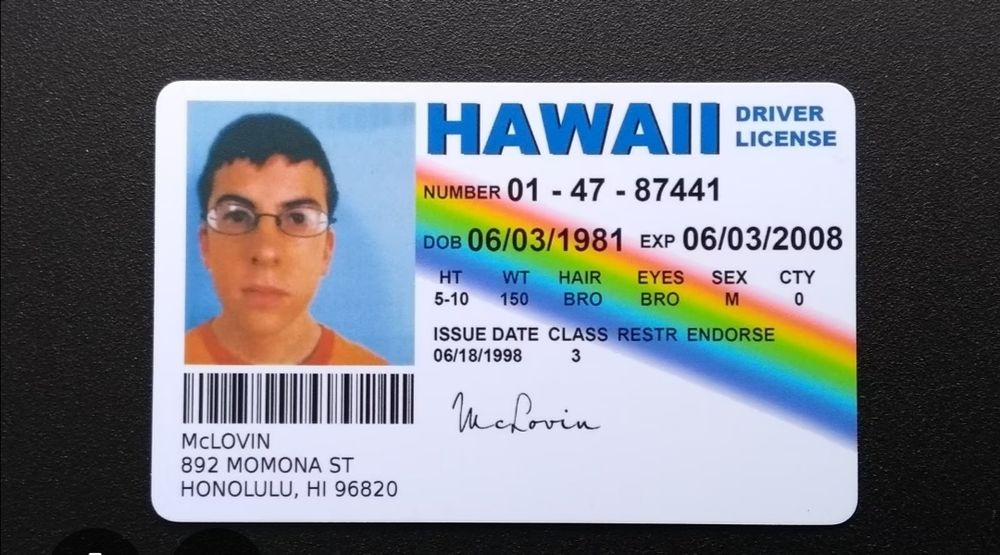 Bild der fake driver's license aus dem film superbad (2007). Bild eines jungen mit brille und kurzhaarfrisur. Name McLovin. Hawaii als herausgeber. Geburtstag angeblich 6.3.81. Ablaufdatum der lizenz 6.3.2008