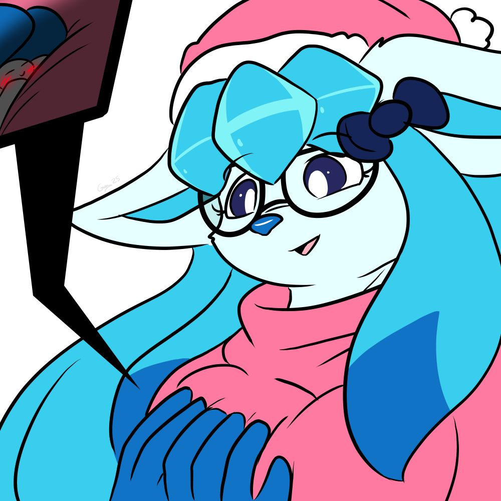 A drawing of a Shiny Glaceon lady, a soft smile on her face as she holds a tiny person close to her chest. A cutaway panel shows a closeup of the tiny person, a smile and blush on their face as they snuggle into the hug