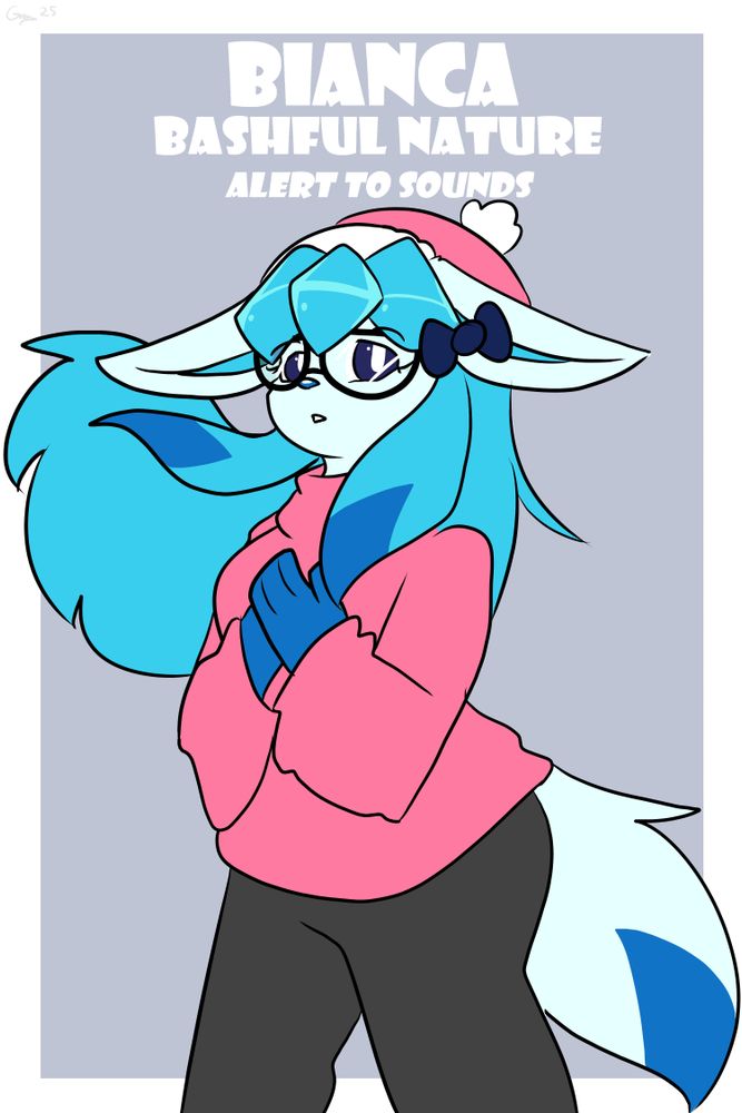 A drawing of a Shiny Glaceon lady. She has her hands on her chest and looks a little nervous. She wears a comfy sweater along with a pair of sweat pants and a fluffy beanie. Above her is written: "Bianca - Bashful Nature - Alert to Sounds"