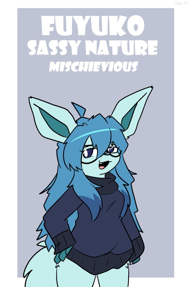 A drawing of a short Glaceon lady. She has her hand on her hip and wears a long sweater, her fur rather unkempt and resembling a bedhead. Above her is written: "Fuyuko - Sassy Nature - Mischievous" 