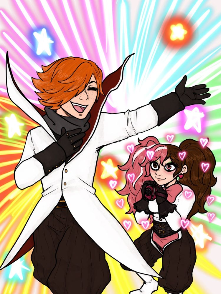 Roman and Neo from RWBY, cosplaying as Gentle Criminal and LaBrava from My Hero Academia. He is exaggeratedly posing in front of a neon explosion background, and she is behind him holding a video camera while looking at him with a deeply in love expression.