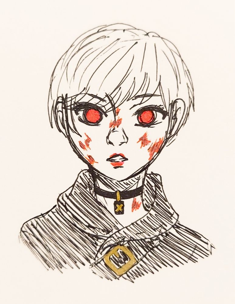 A pen bust up drawing of 9S from Nier Automata. He isn't wearing his visor and is covered in damage spots all over his face and neck. His eyes are bright red. 