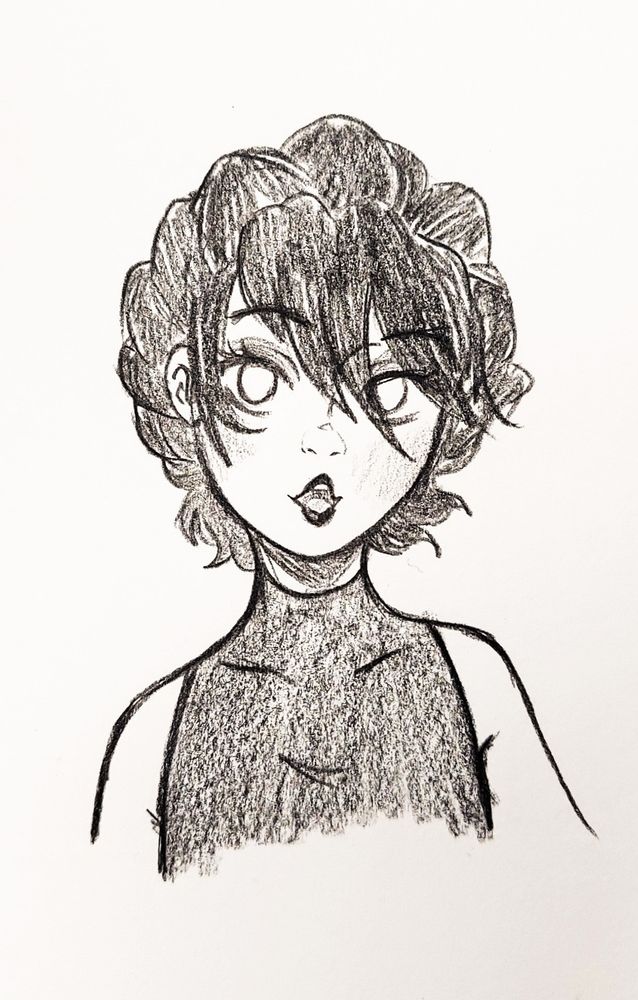 Pencil sketch of Charlie from Don't Starve. She is wearing a sleeveless black turtleneck shirt, and has her mouth open as if she is singing. 