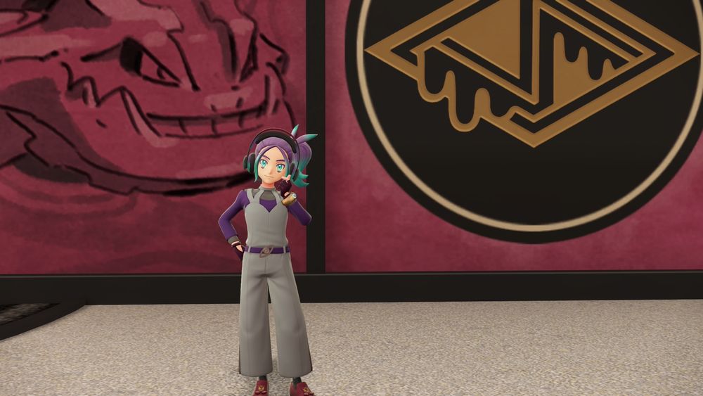 A screenshot from Pokémon Legends ZA, featuring the protagonist in a grey and purple outfit, inside the Rust Syndicate’s office