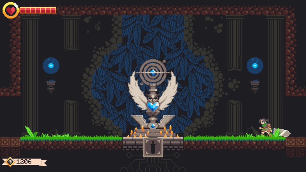 A screenshot from the game Gigasword, showing a save room. The protagonist is in the lower right corner of the screen, next to an exit door.