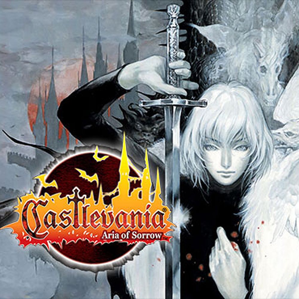 Box art for the game Castlevania: Aria of Sorrow. It features a pale, white haired young man holding a sword, with a castle sihilouetted by a redish moon in the background.