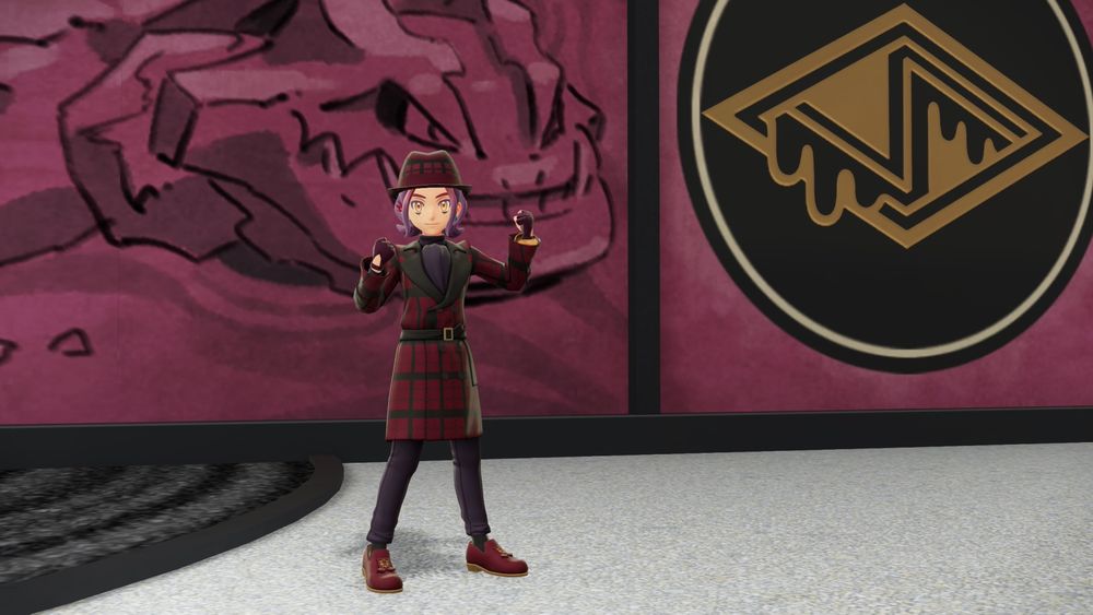 A screenshot from Pokémon Legends ZA, featuring the protagonist in a red plaid trenchcoat, inside the Rust Syndicate’s office