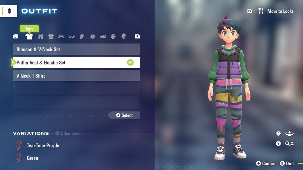 A screenshot from Pokémon Legends ZA, showing the protagonist decked out in an outfit of many garish colours, primarily green and purple