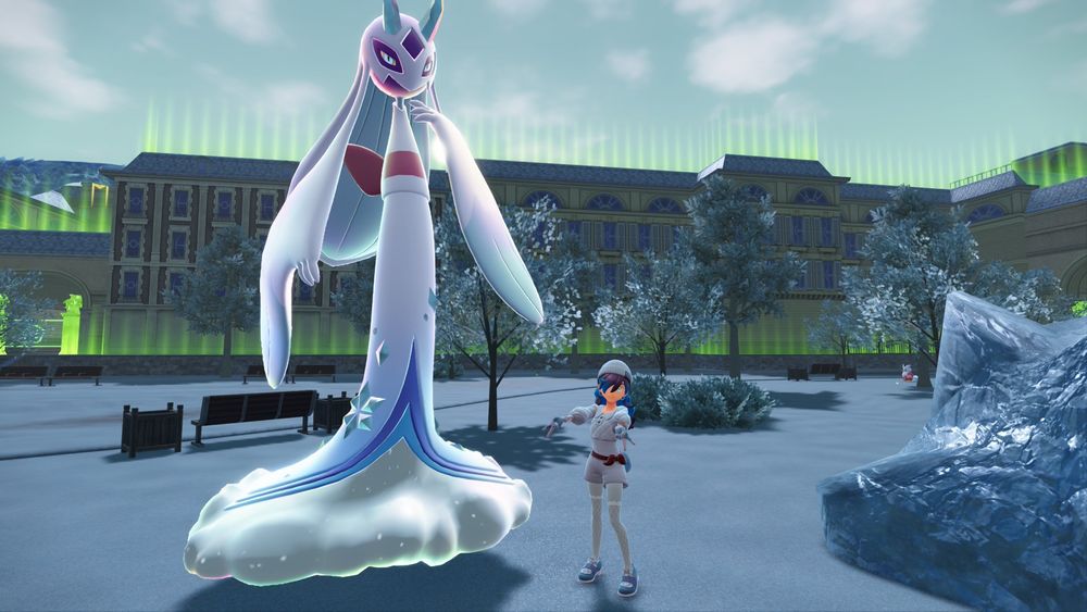 A screenshot from Pokémon Legends ZA, featuring the protagonist wearing the same outfit as previously, with a Mega Froslass