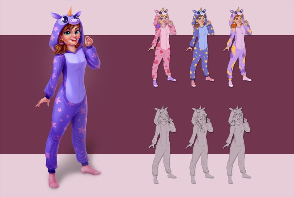 Concept of a casual style character. Teenage girl in unicon kigurumi