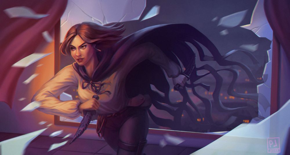 Mistborn fanart illustration with the character emerging into the room, breaking glass. she carries obsidian daggers