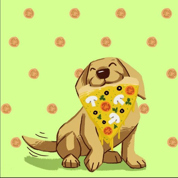 the drawing of the dog holding the slice of pizza