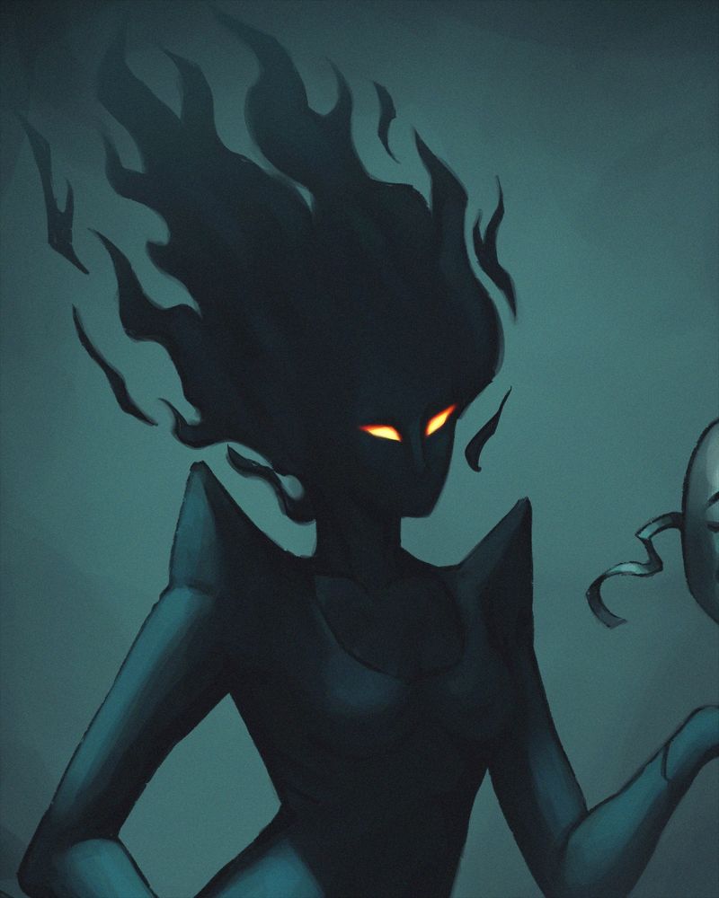 Dark creepy illustration of a ghost woman with flowing hair and gloing eyes, holding a mask