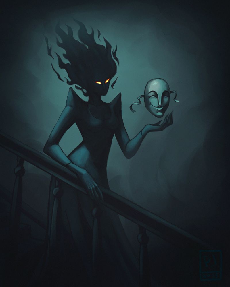 Dark creepy illustration of a ghost woman with flowing hair and gloing eyes, holding a mask