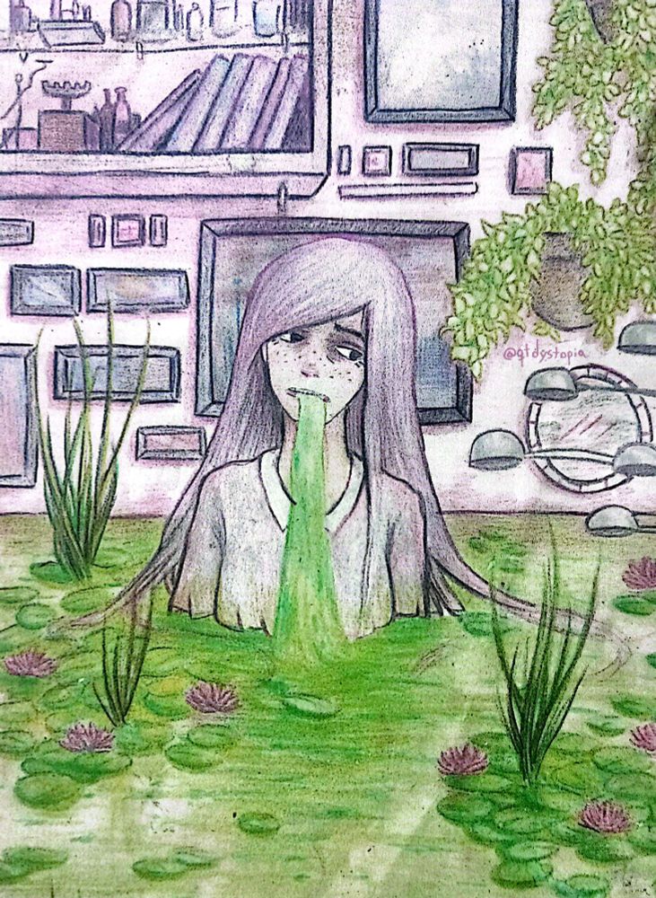 Anime girl with purple hair drowing in her vomit