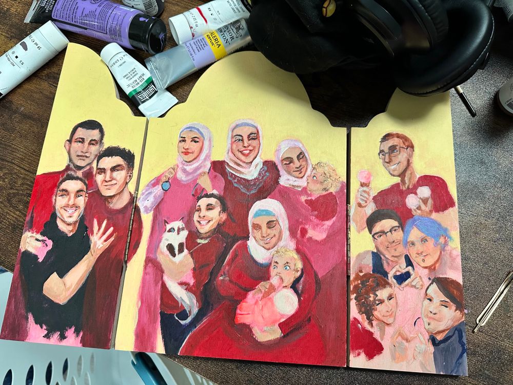 a triptych panel of Noor Al Shawa and her family 