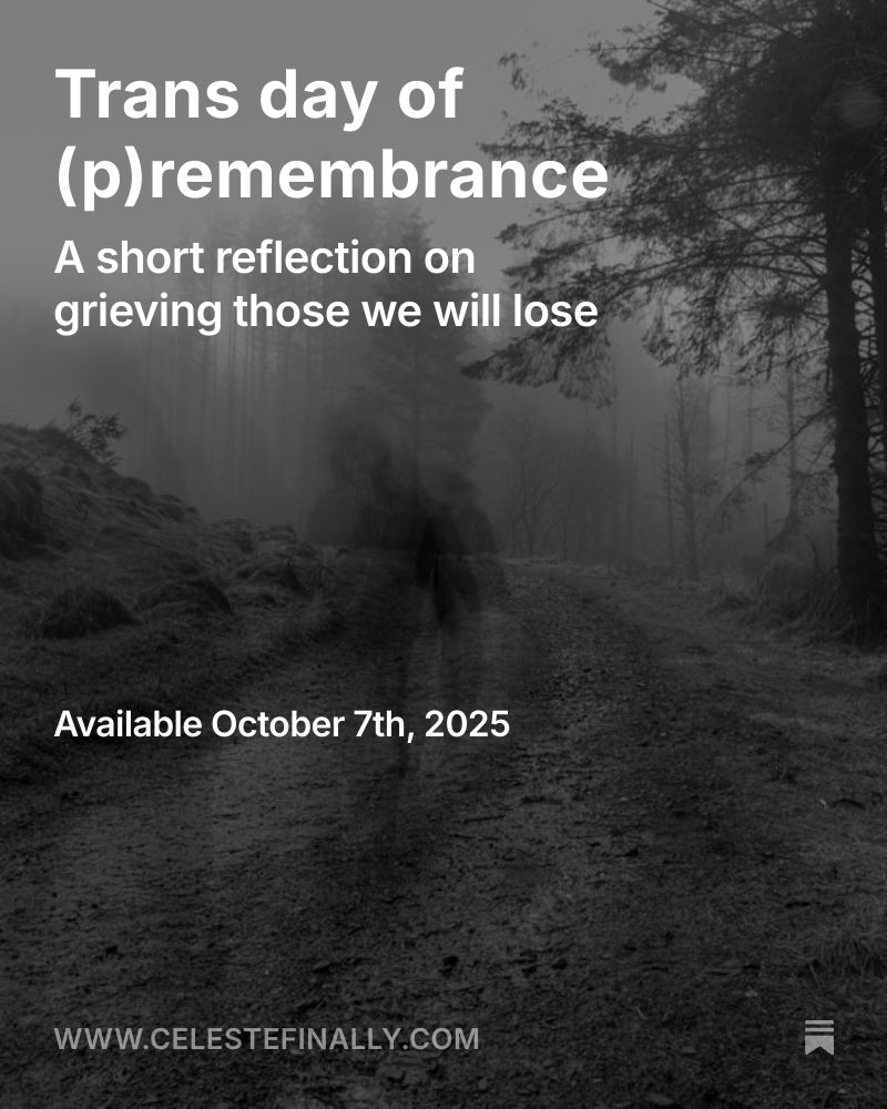 "Trans day of (p)remembrance", subtitled "A short reflection on grieving those we will lose". Image is of a ghostly man walking along a trail in the woods.
