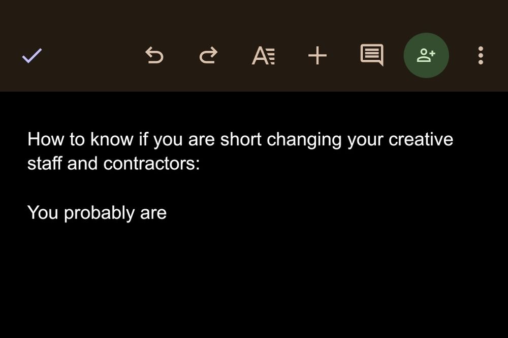 Black background with white text that reads, "How to know if you are short-changing your creative staff and contractors: You probably are"