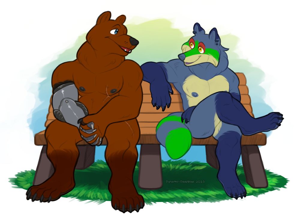 A colored sketch illustration of two anthro male characters sitting together on a park bench, a brown bear with a metal arm and a blue raccoon dog with green markings, both with stocky, muscled bodies. The bear has his hands clasped together while sitting in a relaxed position, and the raccoon dog has an arm over the back of the bench with his legs crossed. Both are looking at each other while having a friendly conversation. Art by Dynamo-Deepblue.
