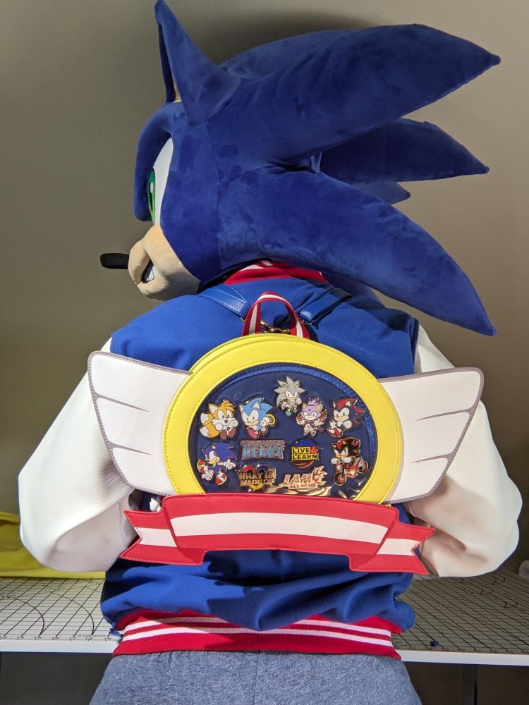 A photograph of a cosplayer wearing a Sonic costume head and varsity jacket wearing an ita bag shaped like the winged emblems from various Sonic games, with various Sonic pins inside the bag window, with their back to the viewer.