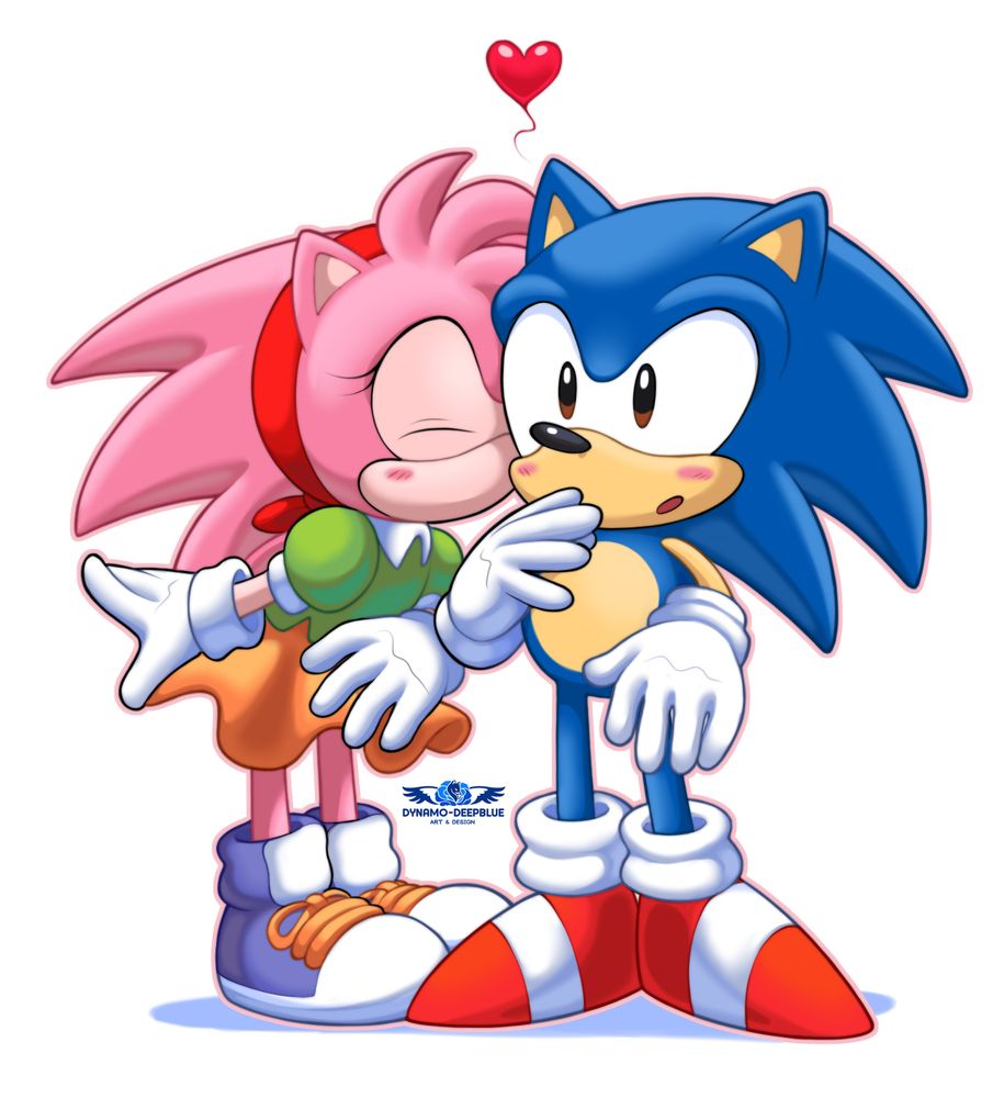 An illustration of Classic Sonic and Classic Amy. Amy is leaning in to kiss Sonic's cheek, with her eyes closed and while blushing. Sonic is also blushing at the kiss, his eyes wide with a surprised expression. A little reddish pink heart is floating above their heads. Art by Dynamo-Deepblue.