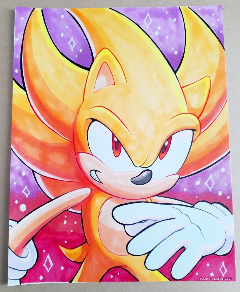 An illustration of Super Sonic lined with ink and colored with Copic marker. He is looking toward the viewer with a cunning grin. The backdrop is a purple-pink gradient with star shapes created with a white gel pin. Art by Dynamo-Deepblue.
