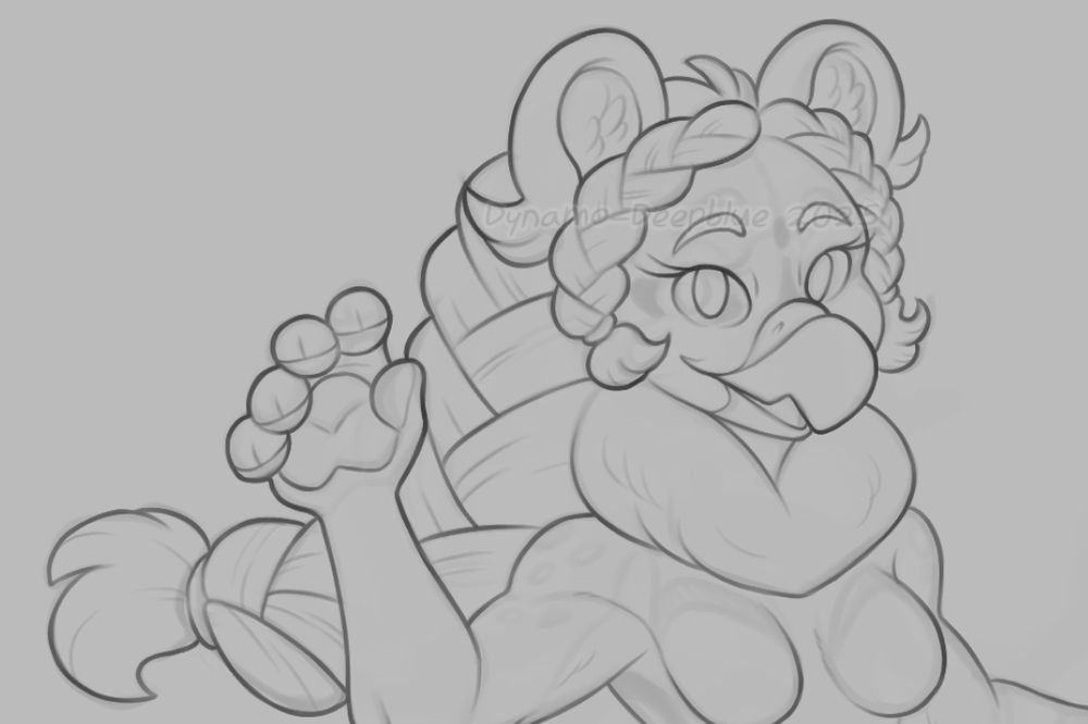 A cropped lineart WIP of an anthro female gryphon with braided bangs and a mane which is also tied into a huge braid flowing behind her.