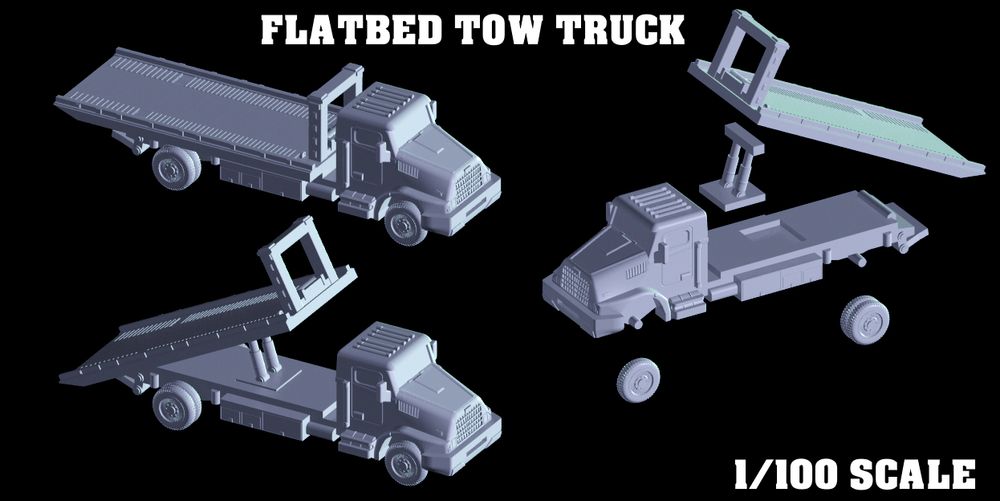 a 3d designed flatbed tow truck at 1/100 scale where a human is roughly 18mm tall