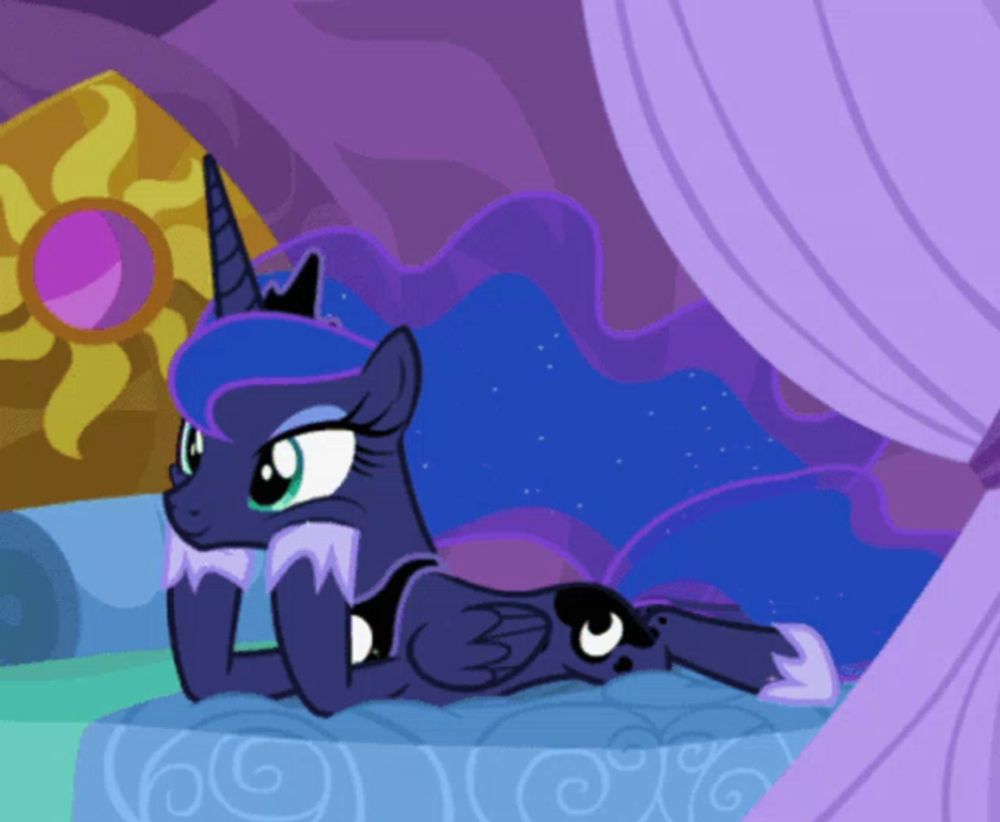 a cartoon of a pony laying on a bed with a purple curtain