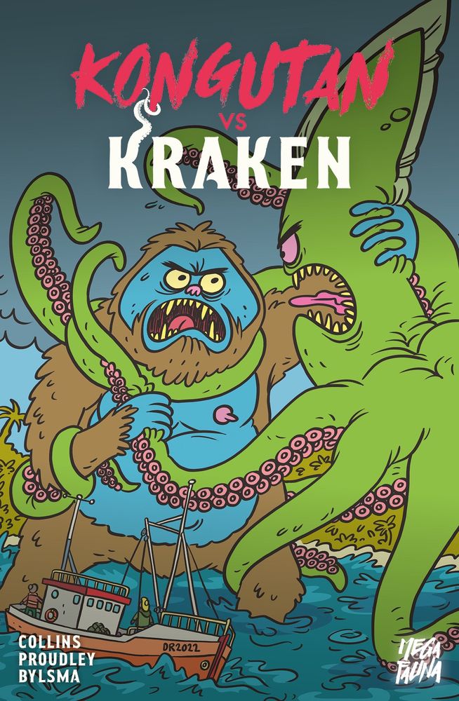Kongutan Vs Kraken alternative cover by Dean Rankine. A cartoon style giant orangutan with a prominent nipple fights a cartoon style giant squid in the shallows, while a fishing boat is near by. 