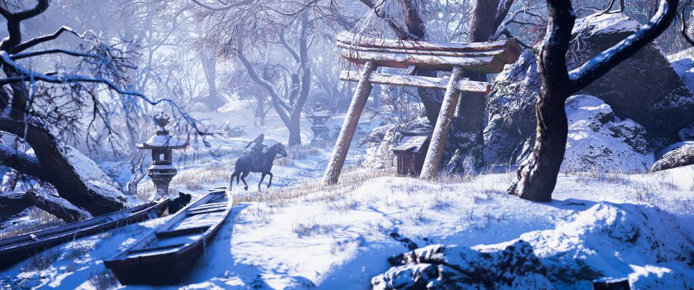 Naoe rides horse through snow in winter