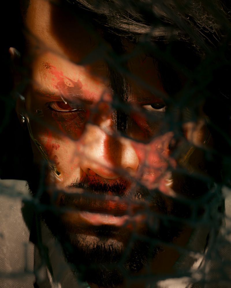 Close up portrait of Male V from Cyberpunk 2077 in front of broken glass