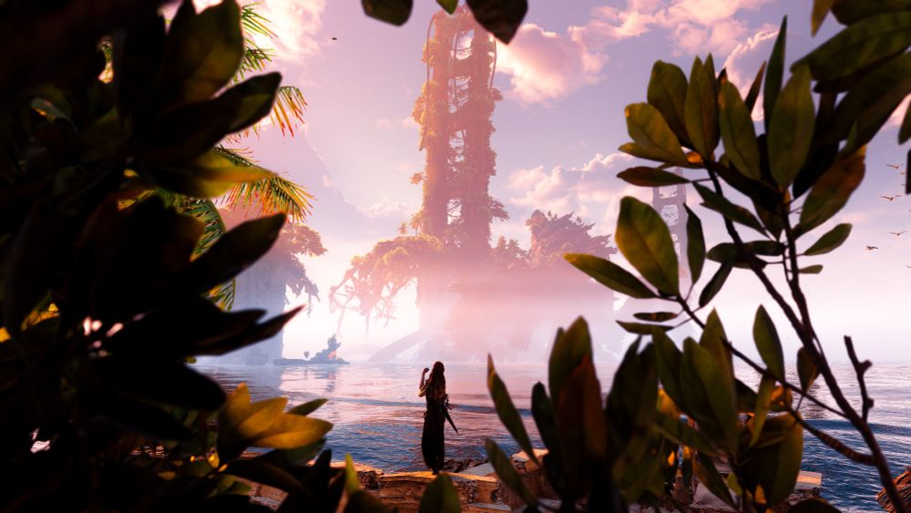 Aloy stands in front of Golden Gate Bridge, leaves in the foreground 