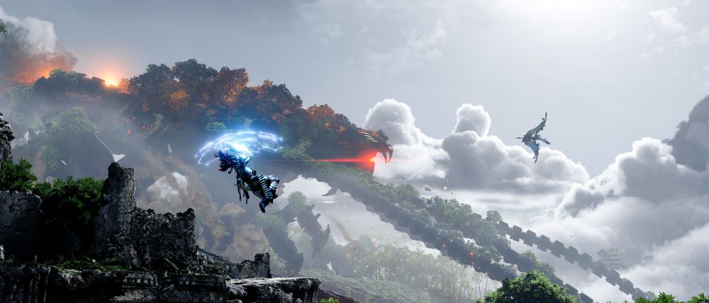 Aloy and Seyka battling Horus in the sky
