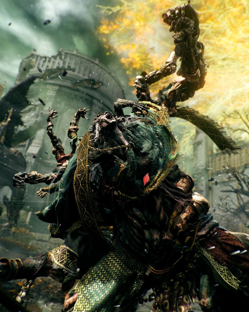 Godrick the Grafted raises fist in the air prepared to attack