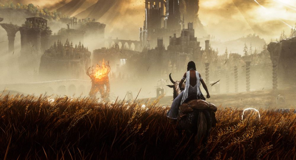 Tarnished rides Torrent in the land of shadows, fire golem in the back ground 