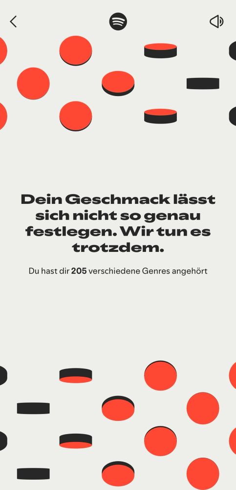 Aus Spotify wrapped: Weißer Hintergrund mit Kreisen. mit Text: Dein Geschmack lässt sich noch so grau festlegen. Wir tun es trotzdem. 
Du hast dir 205 verschiedene Genres angehört. 