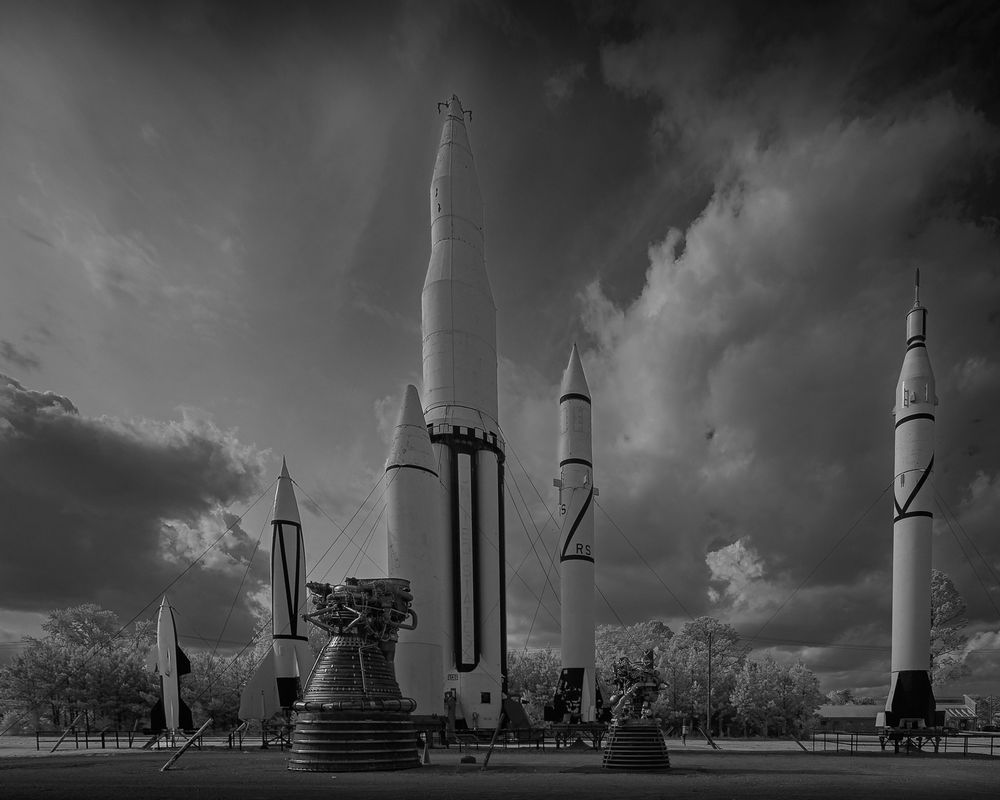 Rocket park, 720nm Infrared filter, black and white (Olympus E-M10MkII Leica DG 8-18 f2.8-4)