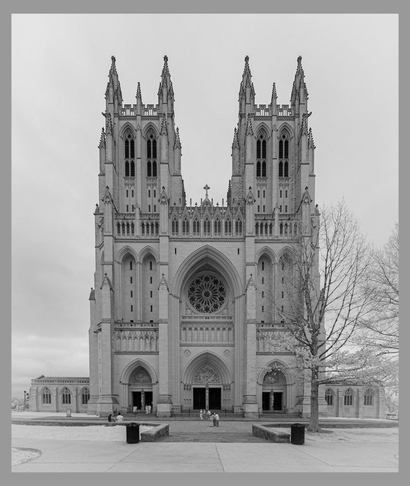 Washington national cathedral from the front, black and white infrared image 
