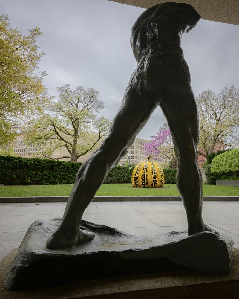 Yayoi Kusama's "Pumpkin" framed by Auguste Rodin's "The Walking Man"