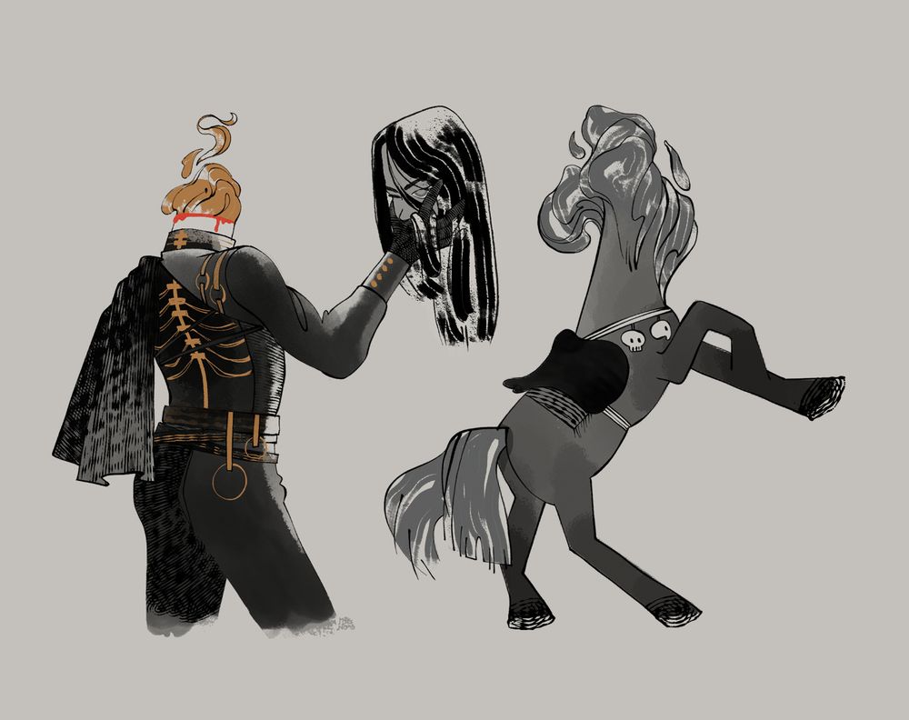 Stylised spot illustrations of a dullahan holding a severed head, and their horse