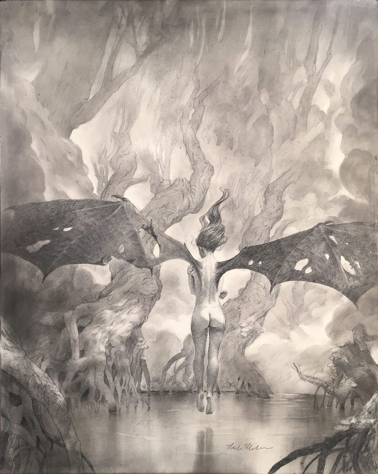 Also naked babe with cool bat wings descending into a pool of water in the woods