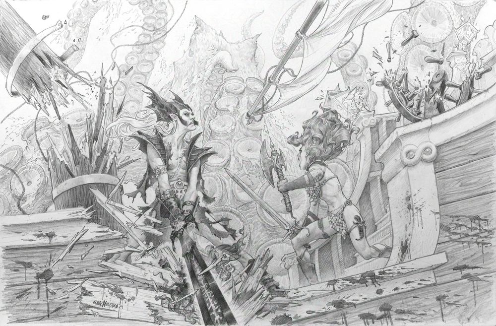 Pencil drawings of Elric and Red Sonja on a tall ship battling an enormous kraken .