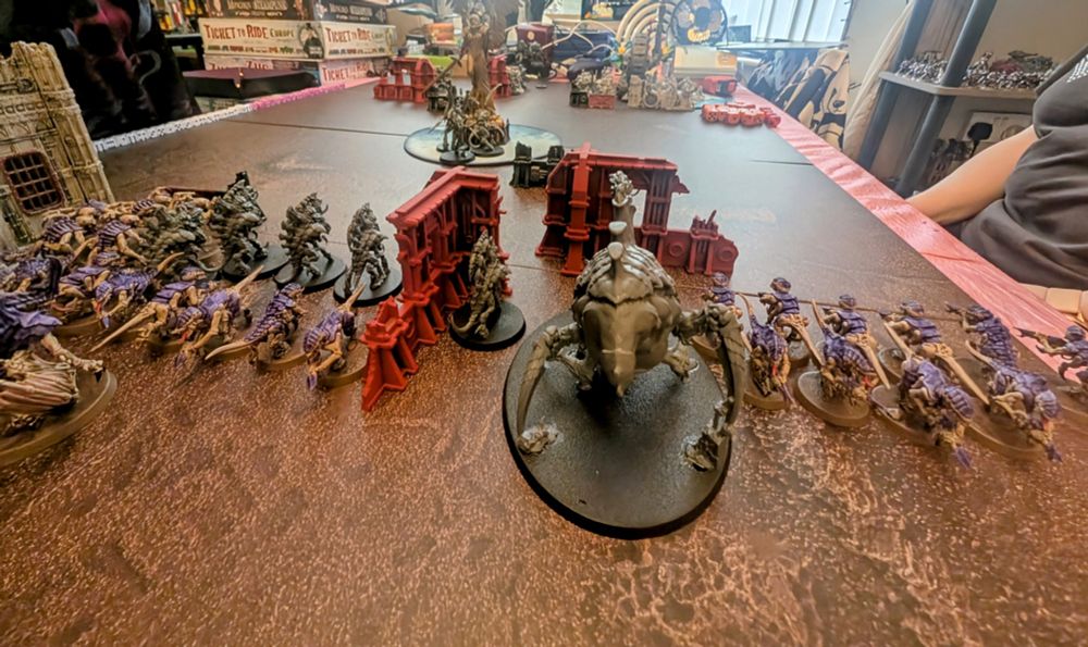 A photo of a game of WH40K of some of my Tyranid army deployed ready for war.